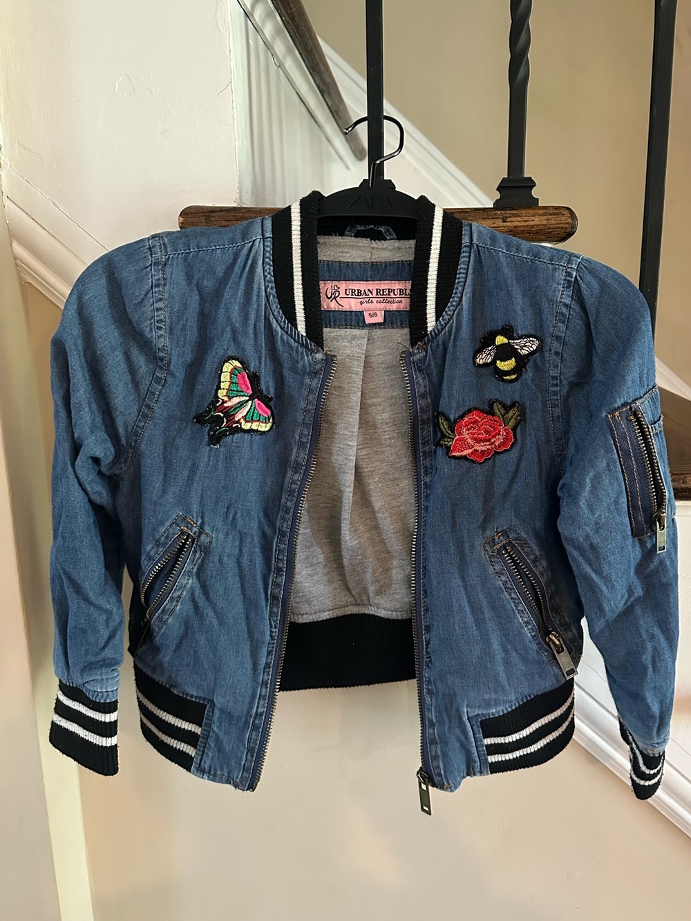 Urban Republic Blue Denim Bomber Jacket with Embroidered Patches